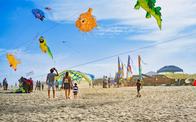 Colorful kites flying at a beach kite festival with families watching